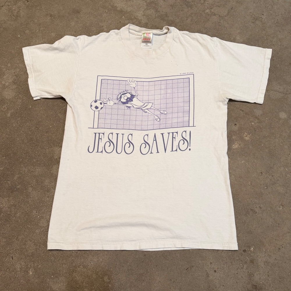 Vintage 1995 T-Shirt Men M White Jesus Saves Soccer Graphic Goalie Parody